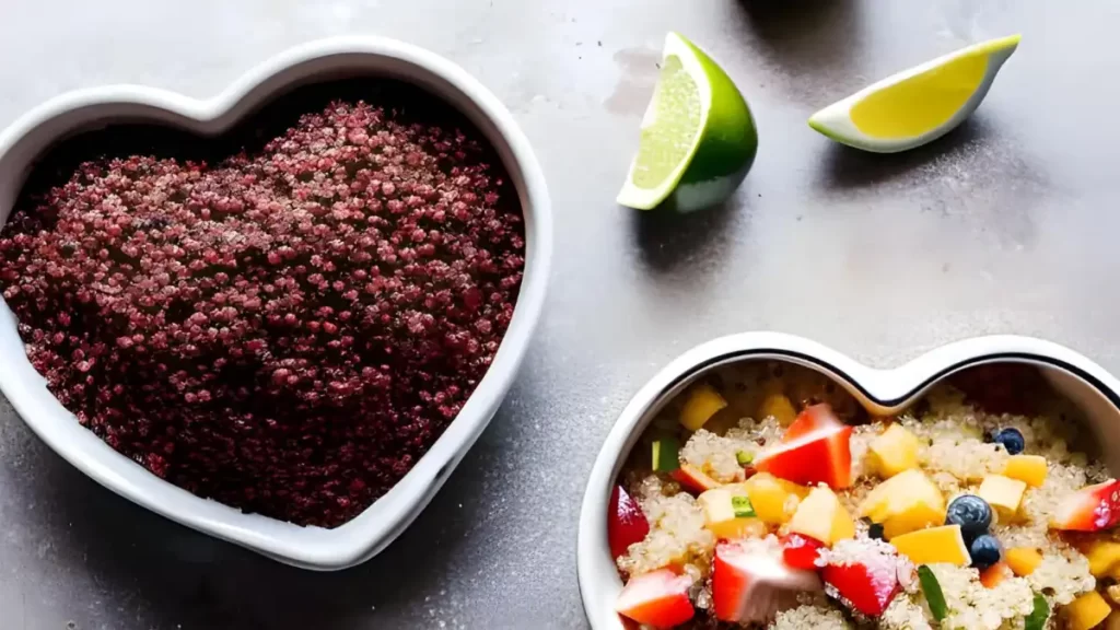 Quinoa con fruta saludable en un bowl con forma de corazon