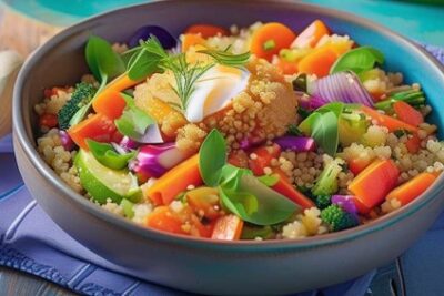 Un plato con una ensalada de quino y un tazón azul